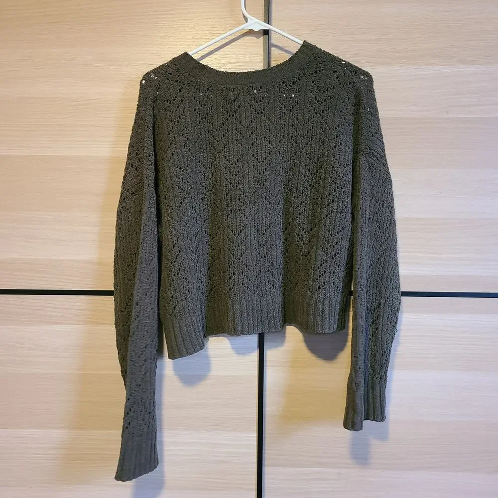 American‎ Eagle Crop Chenille Sweater Womens M Open Knit Boxy Green Utility Cozy